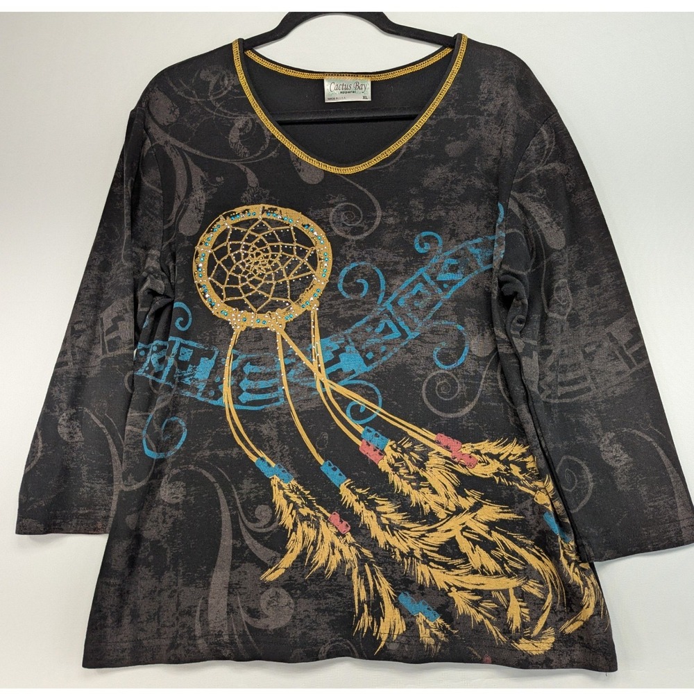 Cactus Bay Apparel‎ Womens Long Sleeve Dreamcatcher Graphic T Shirt XL Black